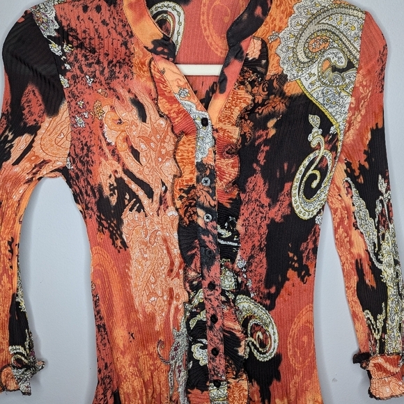 Y2k ruffled Renaissance abstract pattern long sleeve button up shirt womens XS - Picture 2 of 6